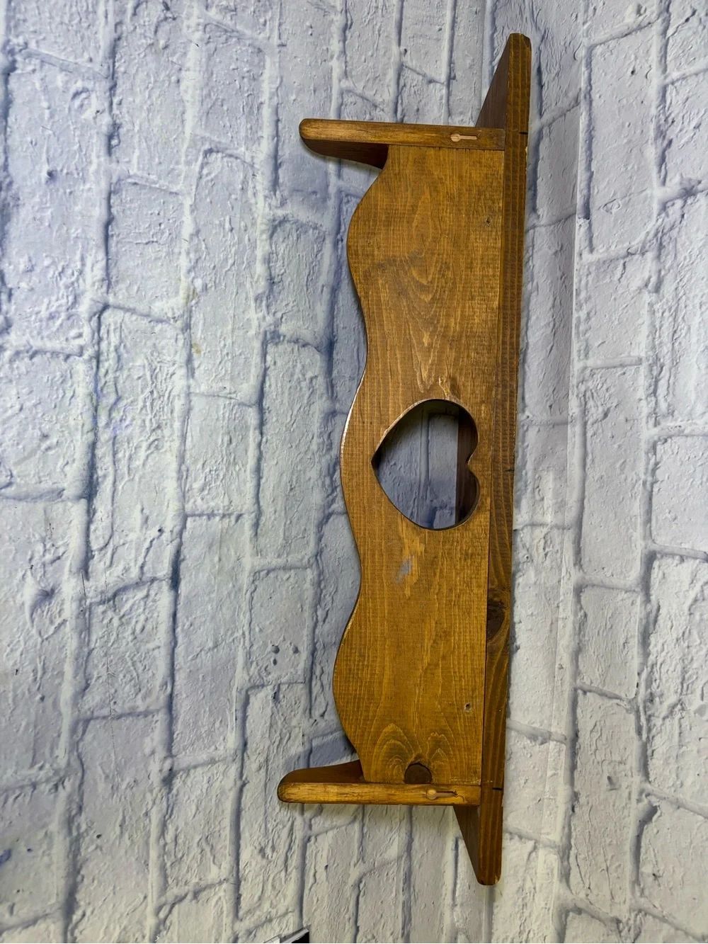 Vtg Handmade Wooden Heart Cutout Wall Shelf Cottage W/2 Pegs 28” Brown Farmhouse